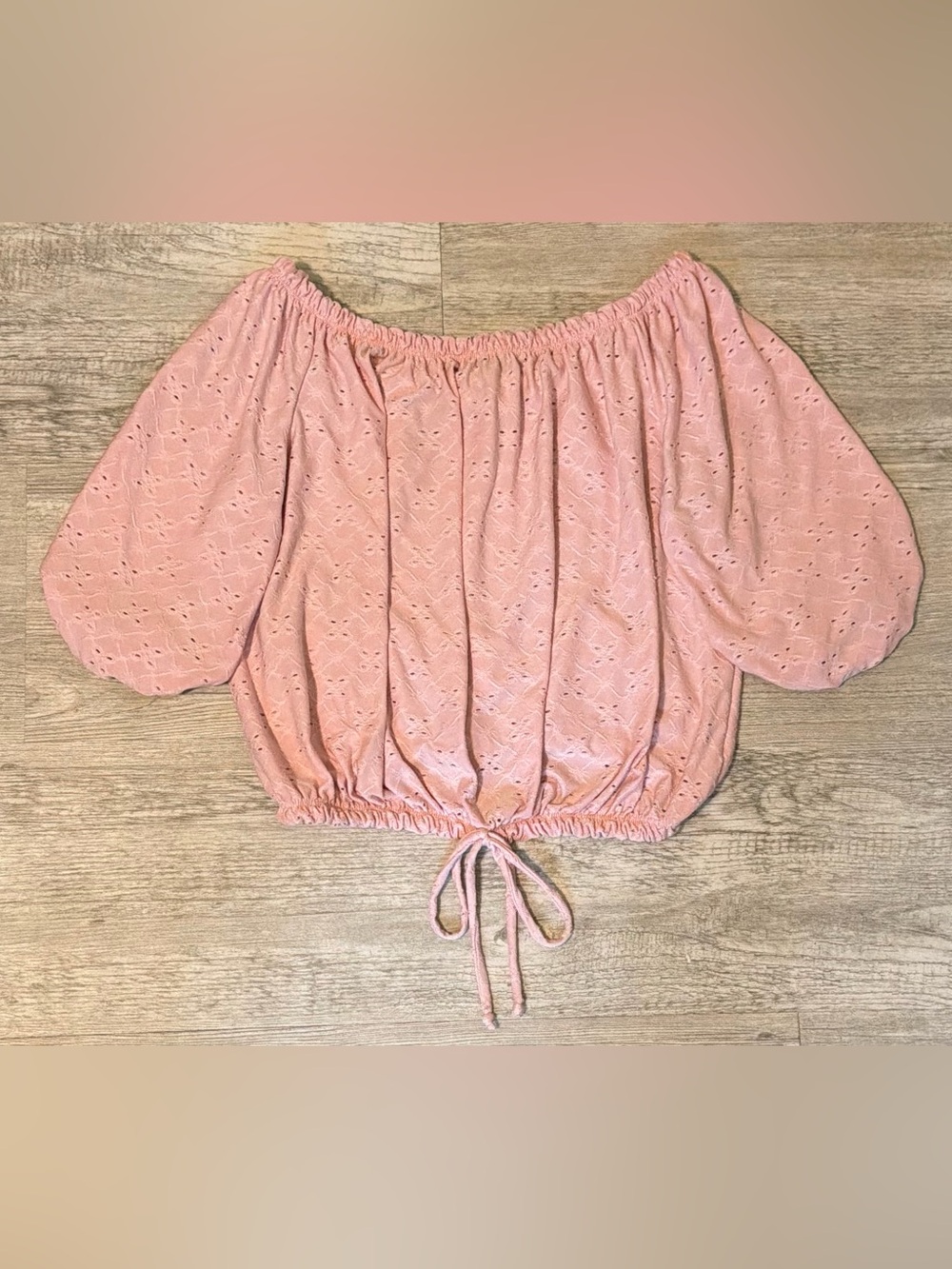 Free Kisses Blush Pink Eyelet Off-Shoulder Drawstring Crop Top